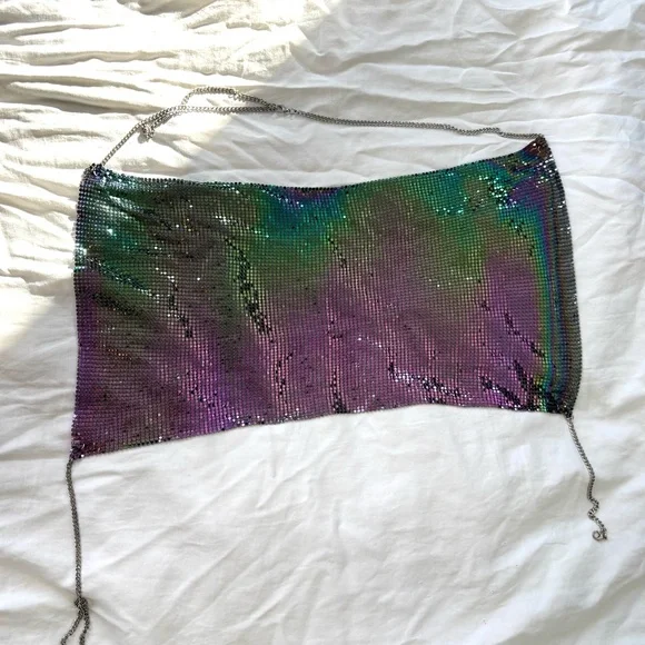 Rainbow Multicolor Chainmail Cowl Neck Crop Top Size Small - Picture 13 of 13